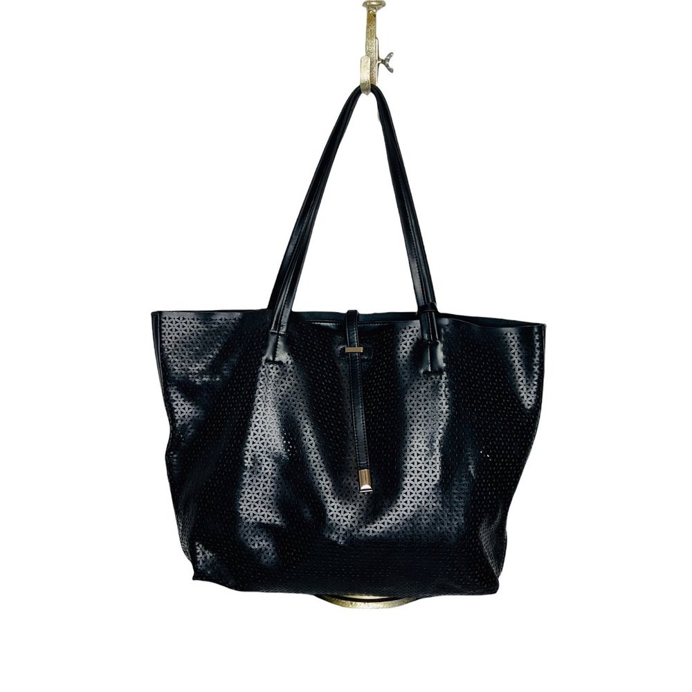 Vince Camuto Leila Perforated Leather Shopper Tote Bag Black 18.5โ x 12.5โ EUC - Picture 2 of 12